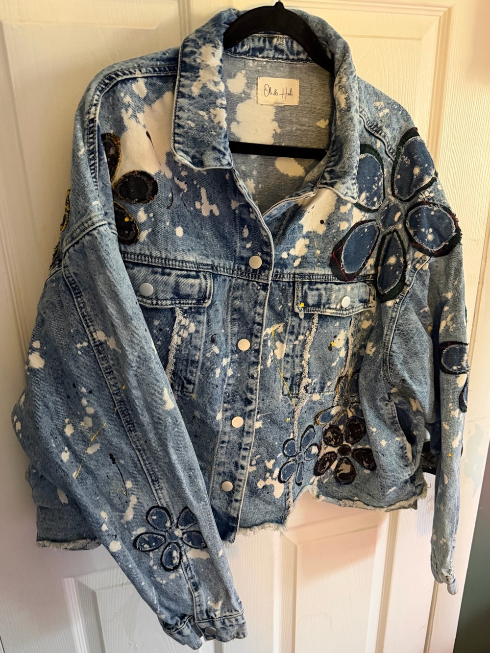 Oli & Hali Light Blue Distressed Denim Jacket with Floral Patches